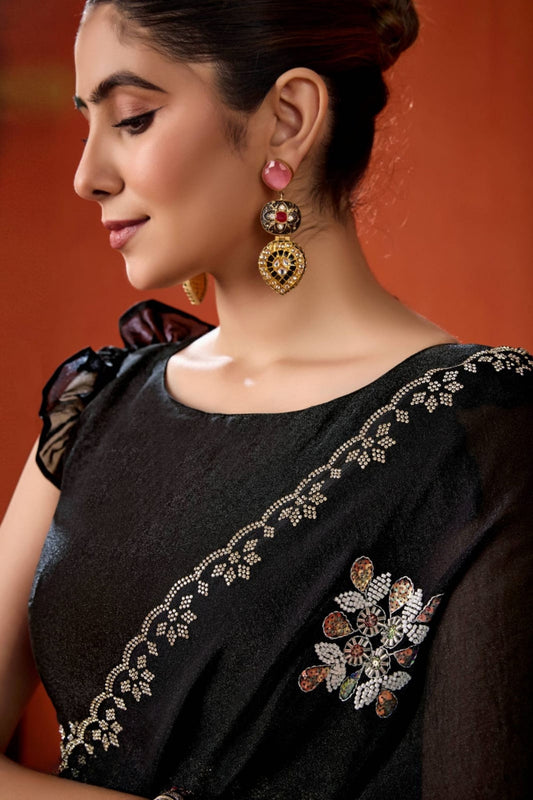 Black Embroidered Georgette Saree Floral Motifs Designer Border
