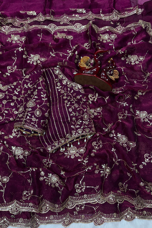 Rani Pink Organza Saree Heavy Sequins Embroidery Designer Blouse