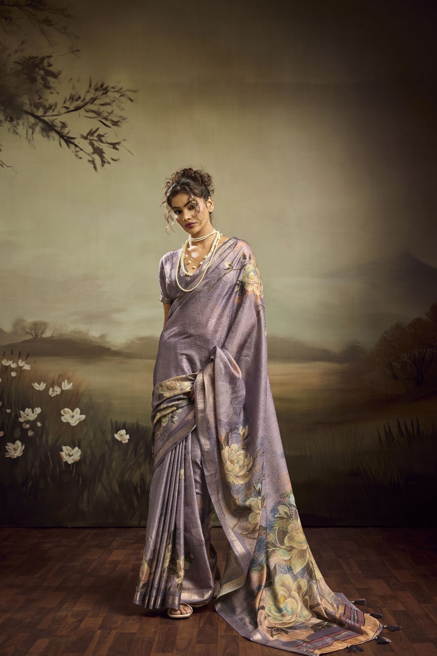  Lavender Linen Silk Saree with Floral Digital Print Designer Tassel Pallu