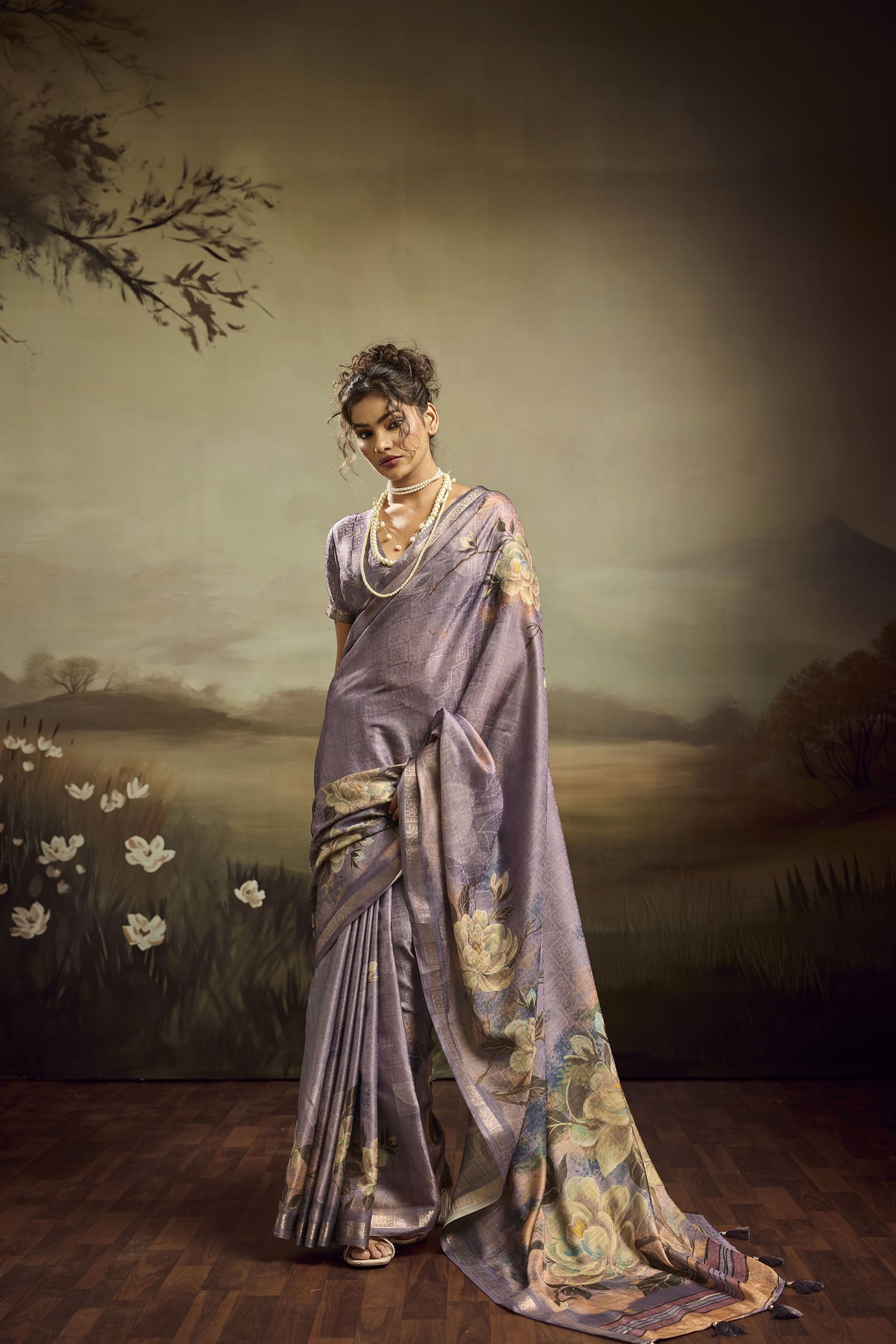  Lavender Linen Silk Saree with Floral Digital Print Designer Tassel Pallu