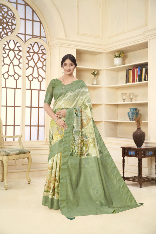 Gorgeous Green and Beige Printed Linen Silk Saree with Zari Work and Blouse Piece