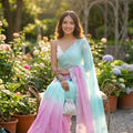 Sky Blue Pink Ombre Designer Saree with Sequin Embroidered Border
