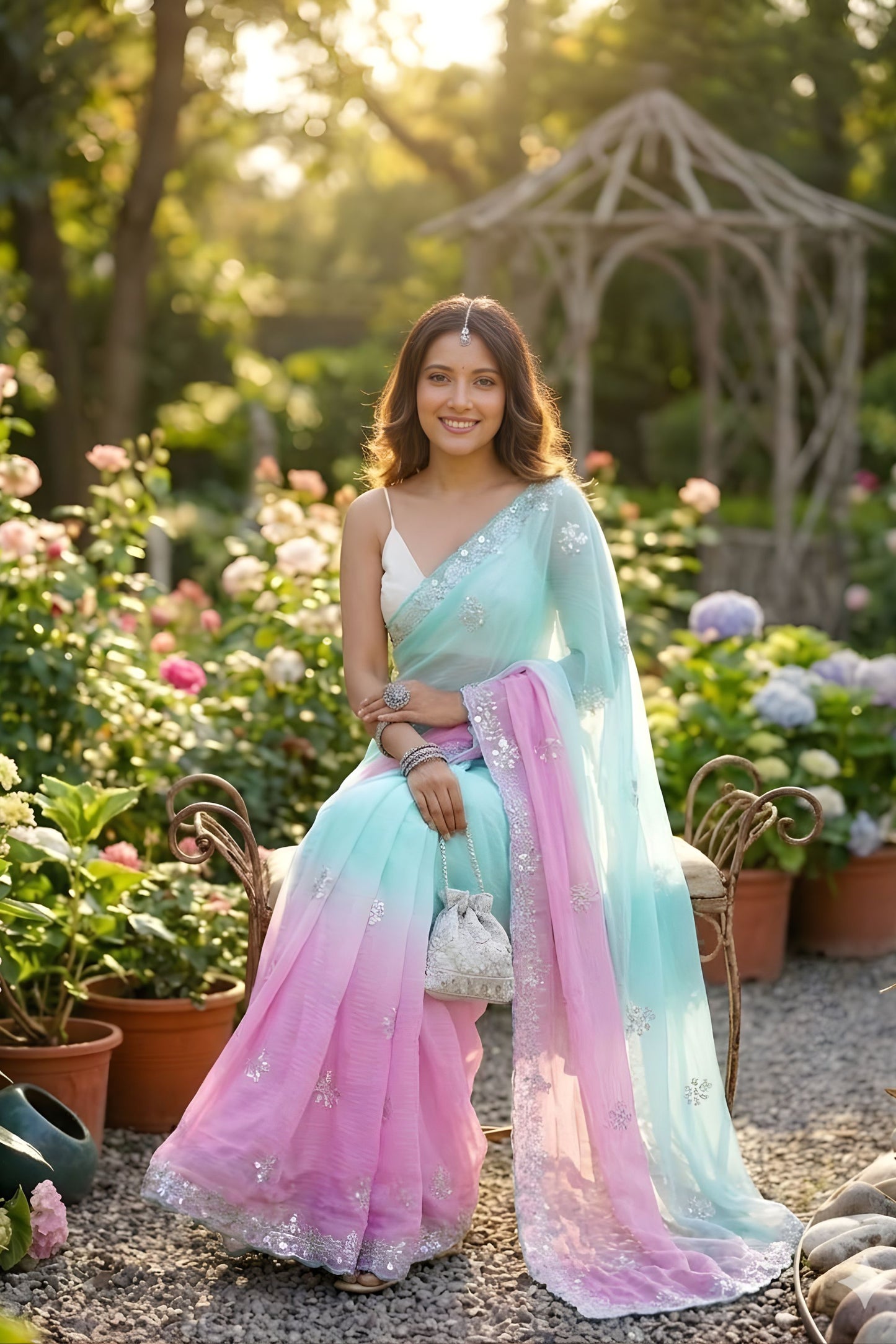 Sky Blue Pink Ombre Designer Saree with Sequin Embroidered Border