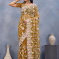Mustard Yellow Floral Embroidered Net Saree with Designer Border