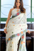 Off White Linen Cotton Printed Saree with Floral Border and Blouse