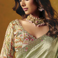 Pastel Green Silk Saree Floral Embroidered Border Readymade Blouse