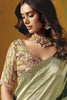 Pastel Green Silk Saree Floral Embroidered Border Readymade Blouse