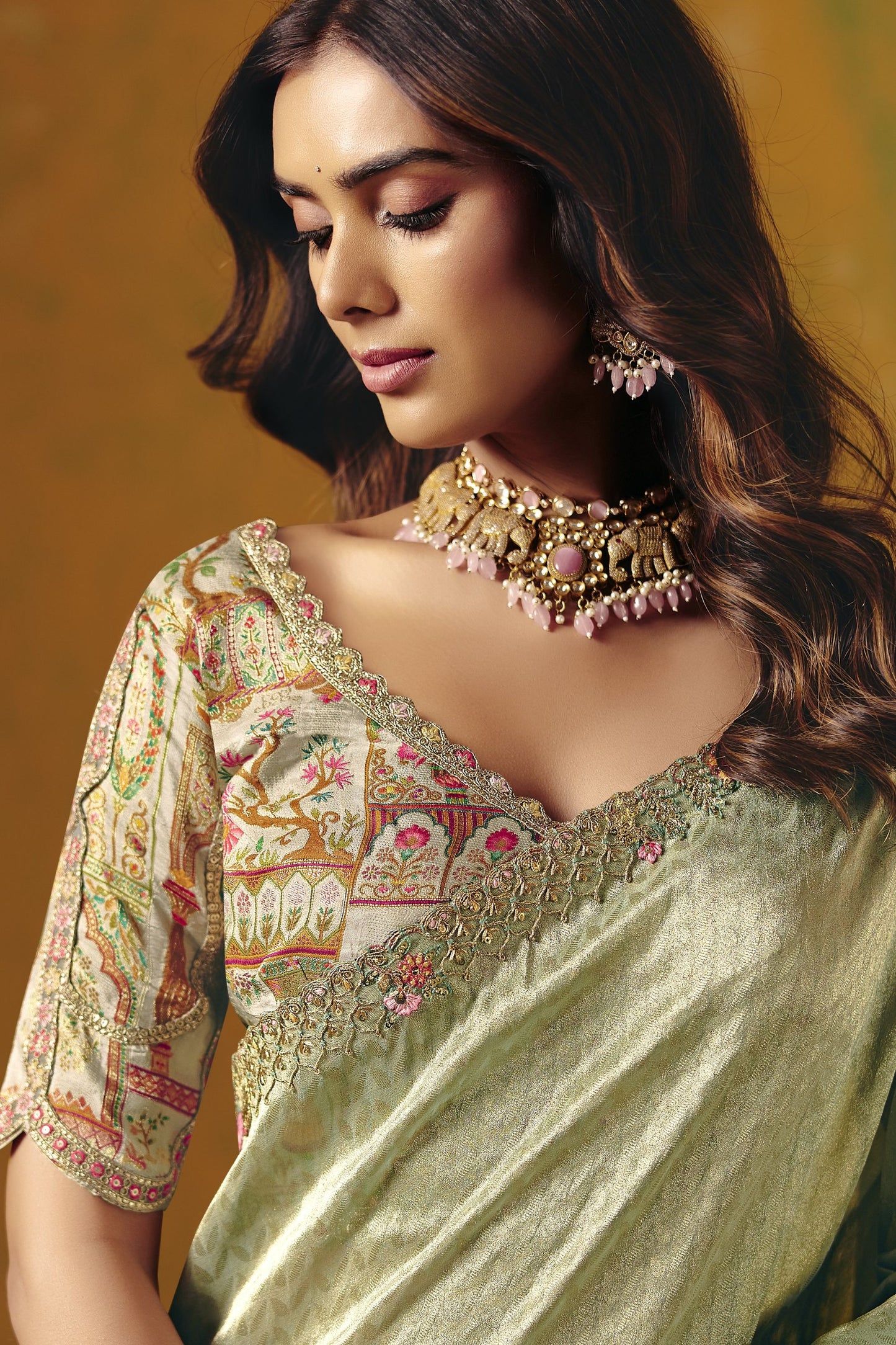 Pastel Green Silk Saree Floral Embroidered Border Readymade Blouse