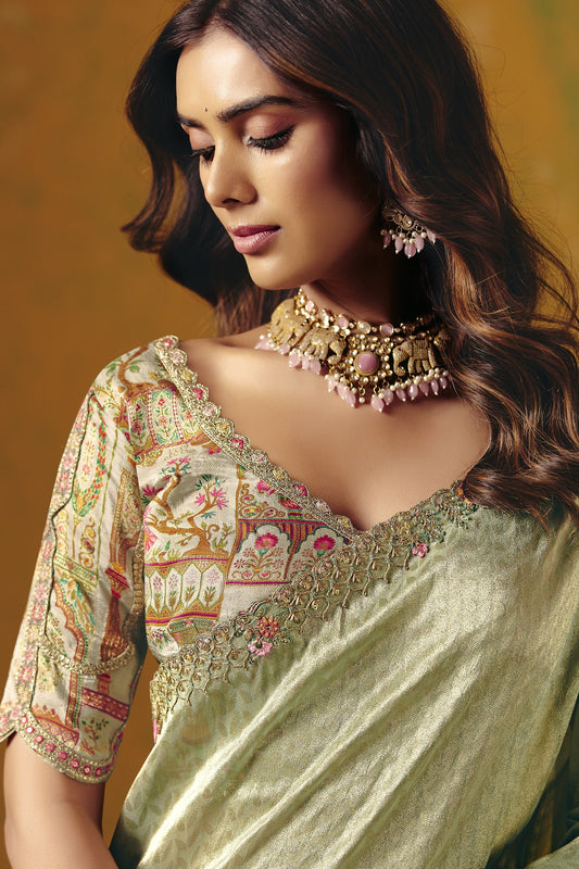 Pastel Green Silk Saree Floral Embroidered Border Readymade Blouse