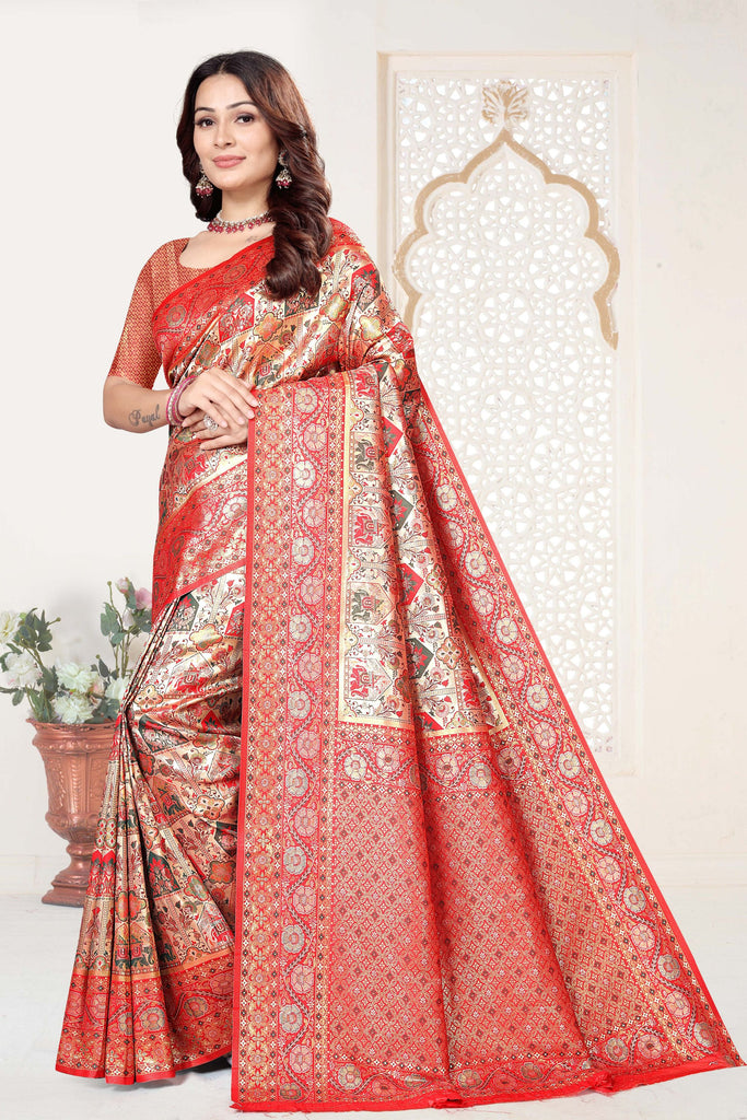 Red and Beige Banarasi Silk Saree with Rich Zari Woven Design