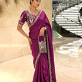 Wine Purple Organza Silk Saree Sequins Embroidered Border Designer Blouse