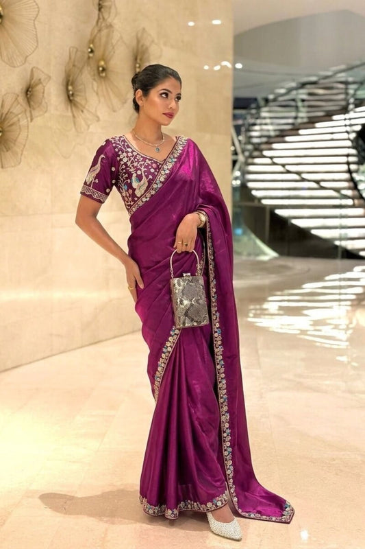 Wine Purple Organza Silk Saree Sequins Embroidered Border Designer Blouse