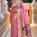 Pink Tussar Silk Saree with Multicolor Bird Floral Motif Pallu