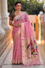 Pink Tussar Silk Saree with Multicolor Bird Floral Motif Pallu