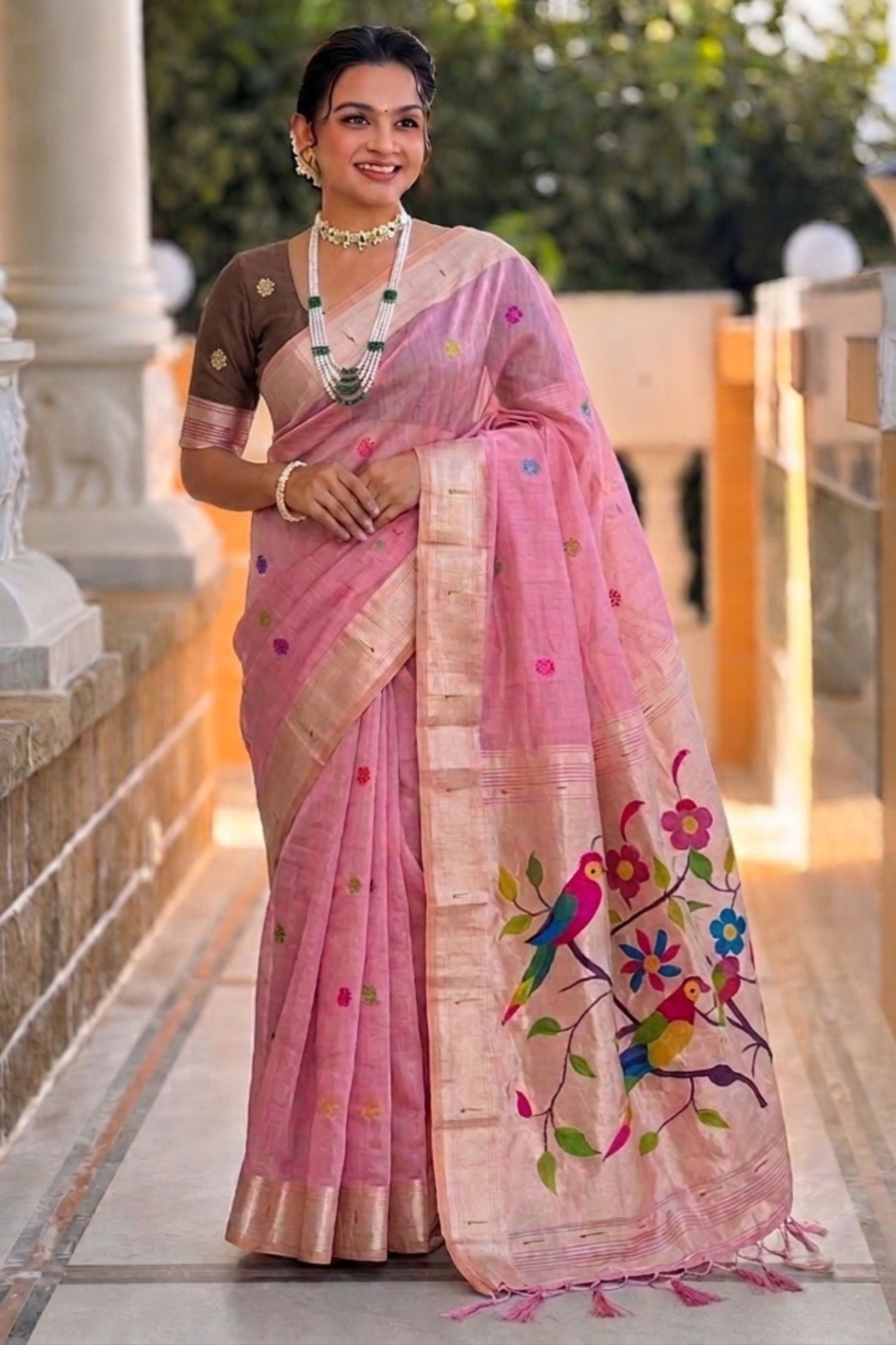 Pink Tussar Silk Saree with Multicolor Bird Floral Motif Pallu