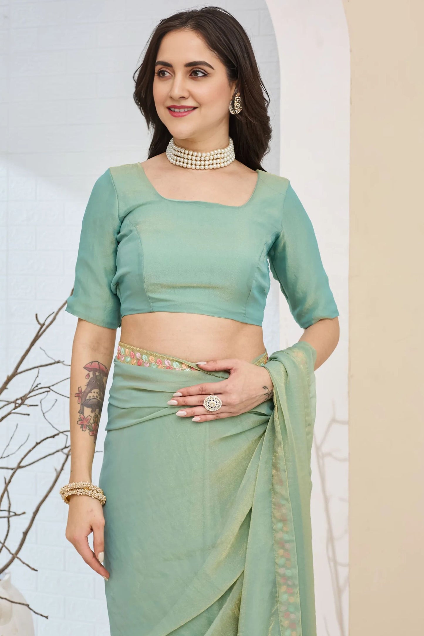 Mint Green Designer Saree Multicolor Embroidered Border Ready To Wear