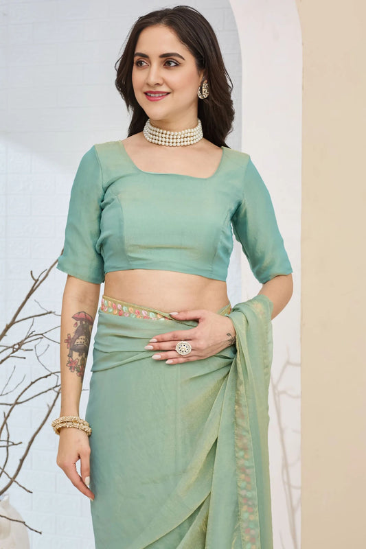 Mint Green Designer Saree Multicolor Embroidered Border Ready To Wear