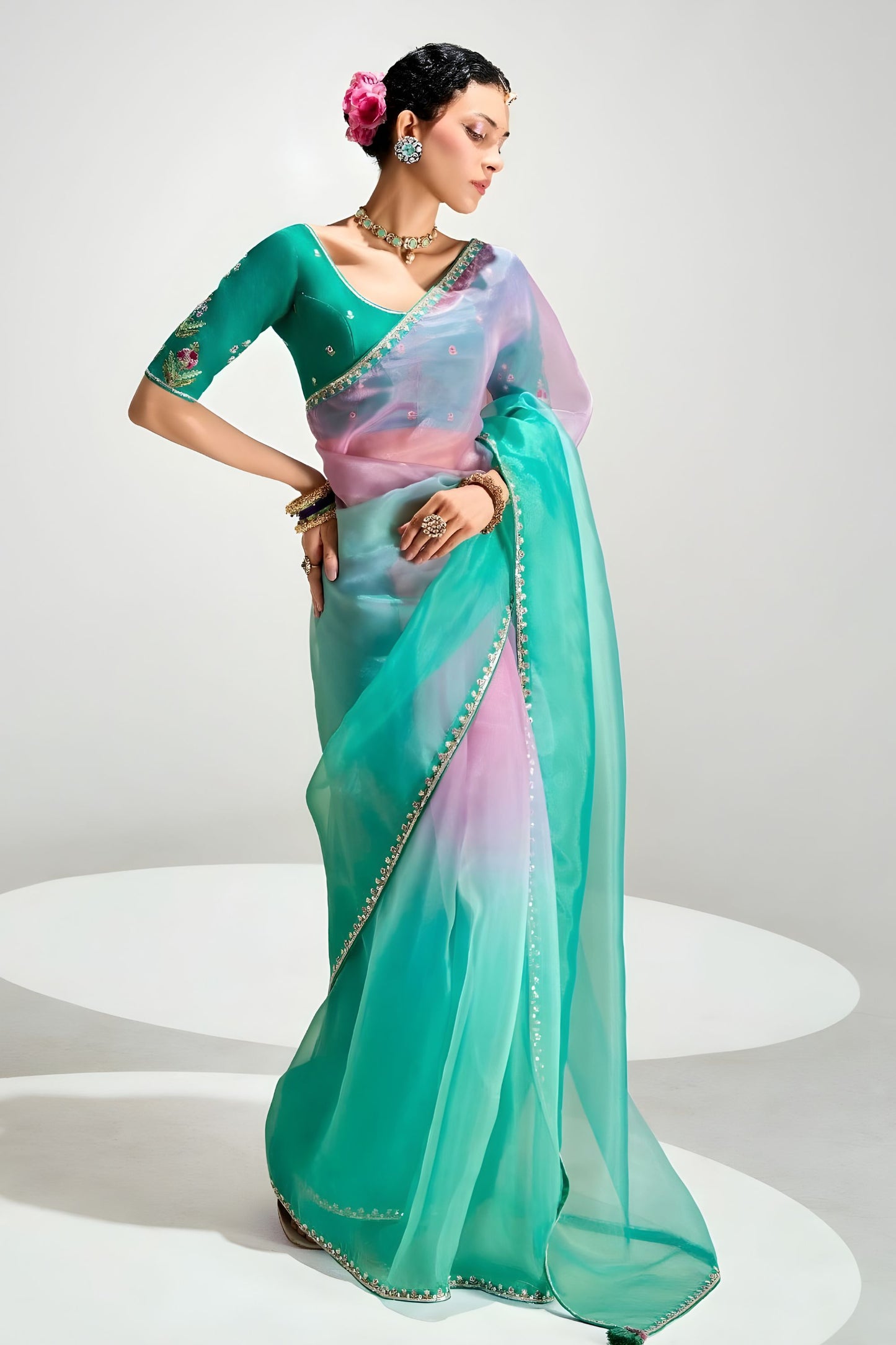Sea Green Lavender Ombre Organza Saree with Designer Blouse 