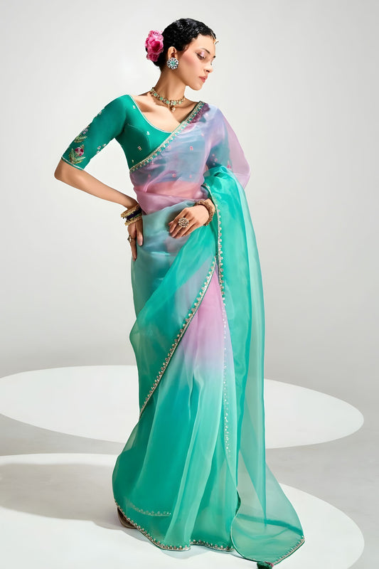 Sea Green Lavender Ombre Organza Saree with Designer Blouse 