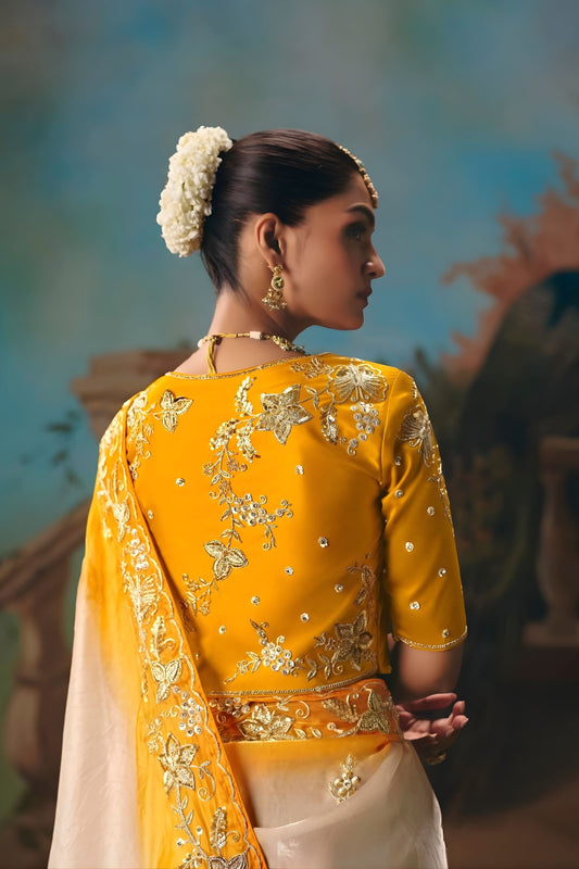 Ivory Mustard Yellow Embroidered Silk Saree with Zari Work