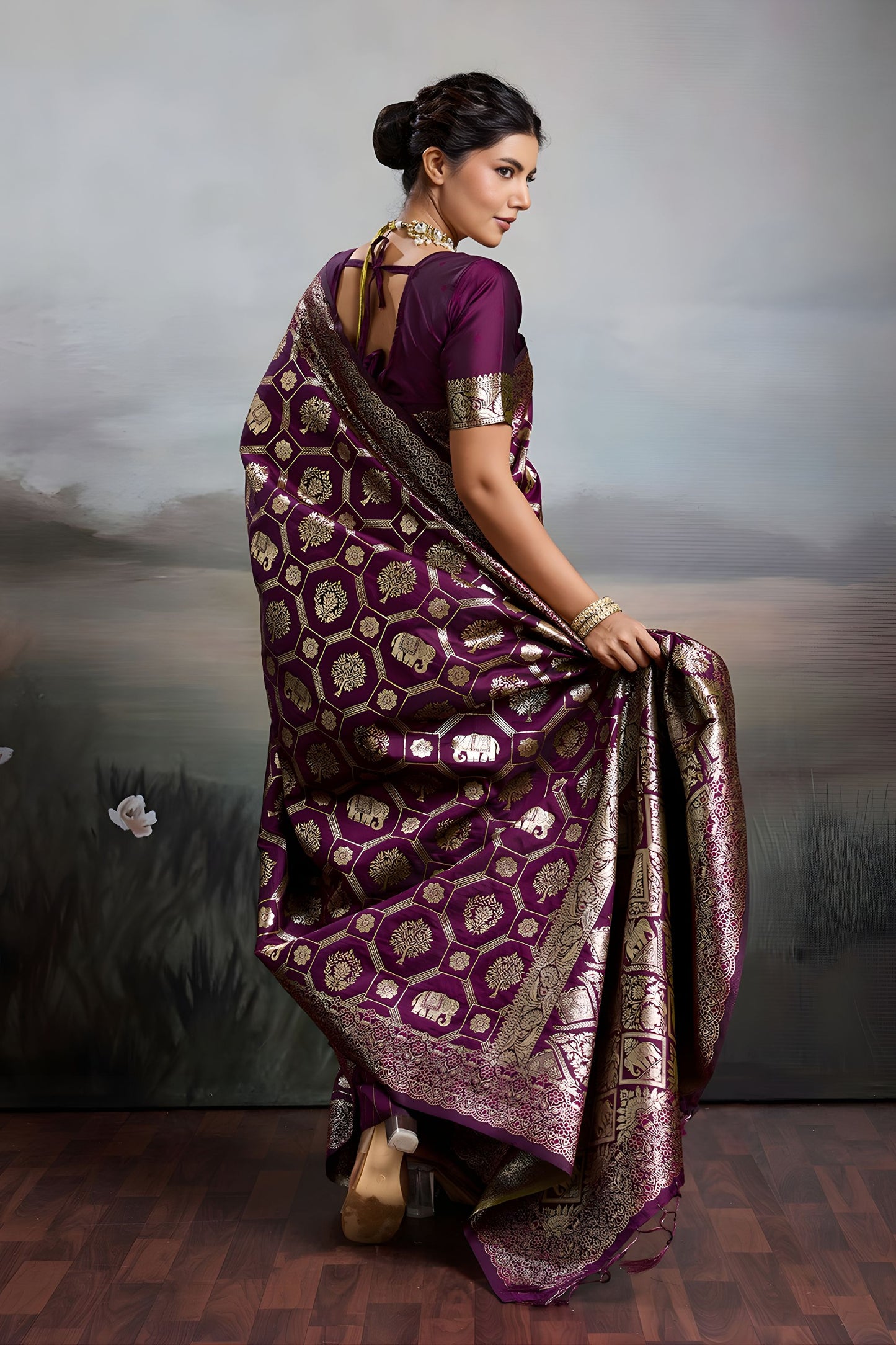 Luxury Wine Purple Banarasi Silk Saree Rich Gold Zari Weaving Traditional Motifs
