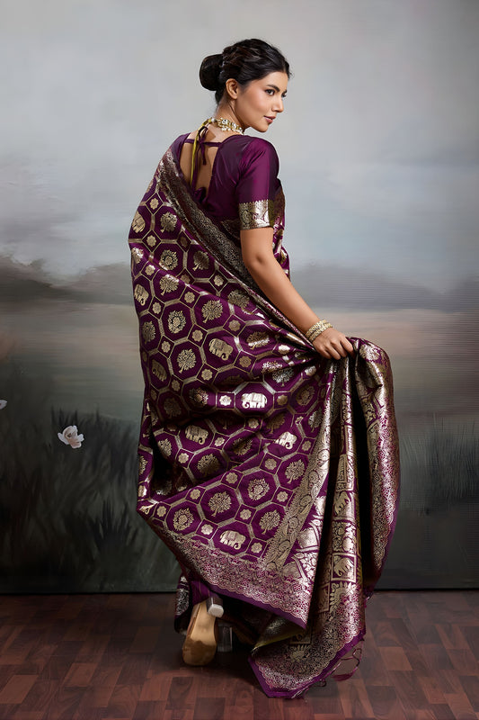 Luxury Wine Purple Banarasi Silk Saree Rich Gold Zari Weaving Traditional Motifs