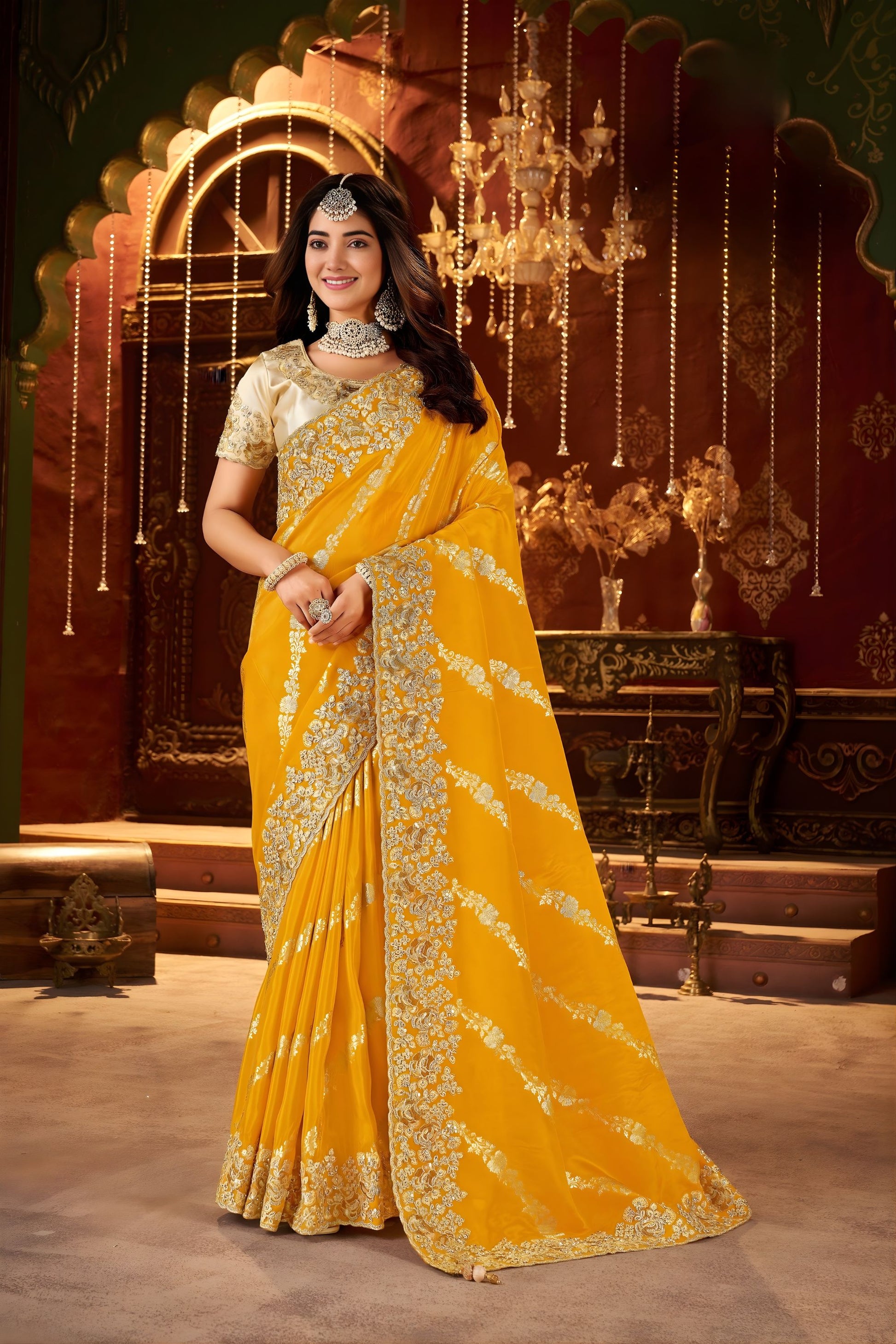 Mustard Yellow Silk Saree with Heavy Gold Zari Embroidery Designer Blouse