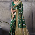Green Banarasi Silk Saree Gold Zari Border Floral Weaving Saree
