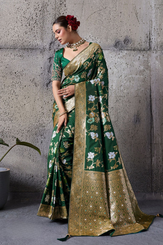 Green Banarasi Silk Saree Gold Zari Border Floral Weaving Saree