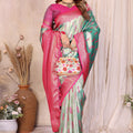 Sea Green Pink Banarasi Silk Saree with Zari Weaving and Contrast Blouse