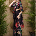 Black Satin Floral Printed Saree with Matching Blouse Party Wear