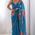 Teal Blue Floral Georgette Saree with Designer Border