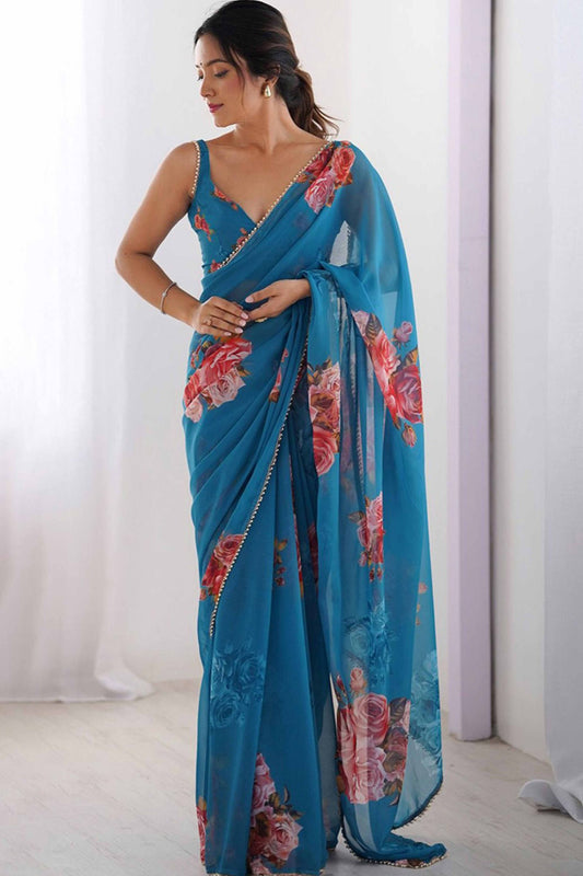 Teal Blue Floral Georgette Saree with Designer Border