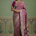 Luxury Wine Purple Heavy Embroidered Banarasi Silk Saree