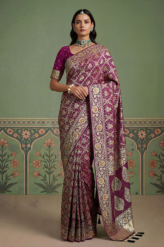 Luxury Wine Purple Heavy Embroidered Banarasi Silk Saree
