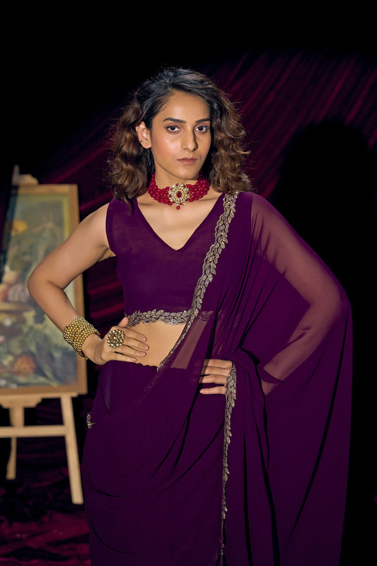 Deep Purple Georgette Saree with Embroidered Border Designer Saree