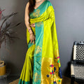 Lime Green Soft Silk Saree with Contrast Aqua Border Designer Pallu