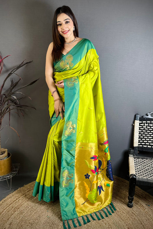Lime Green Soft Silk Saree with Contrast Aqua Border Designer Pallu