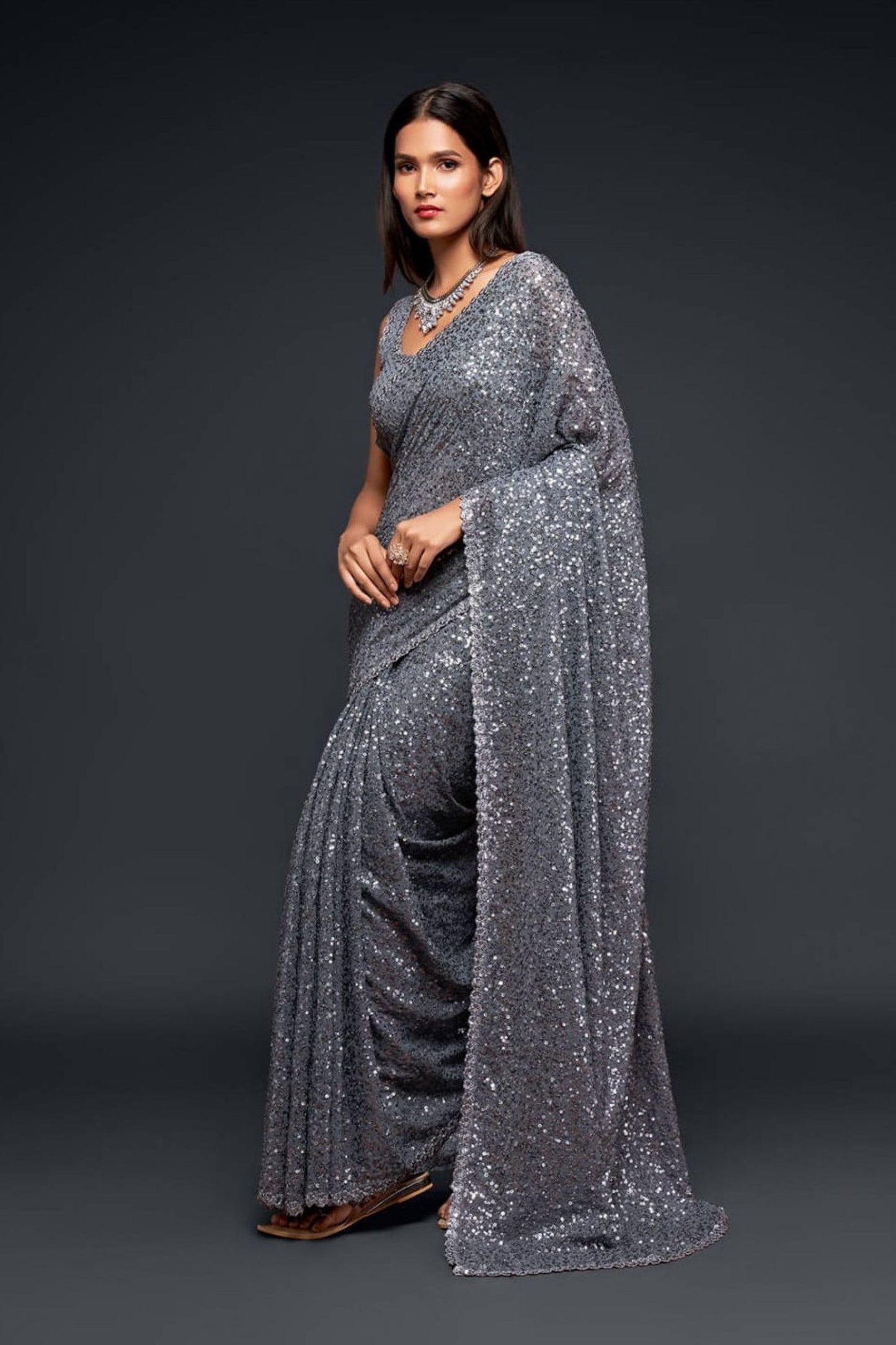 Premium Grey Sequin Party Wear Saree with Designer Blouse