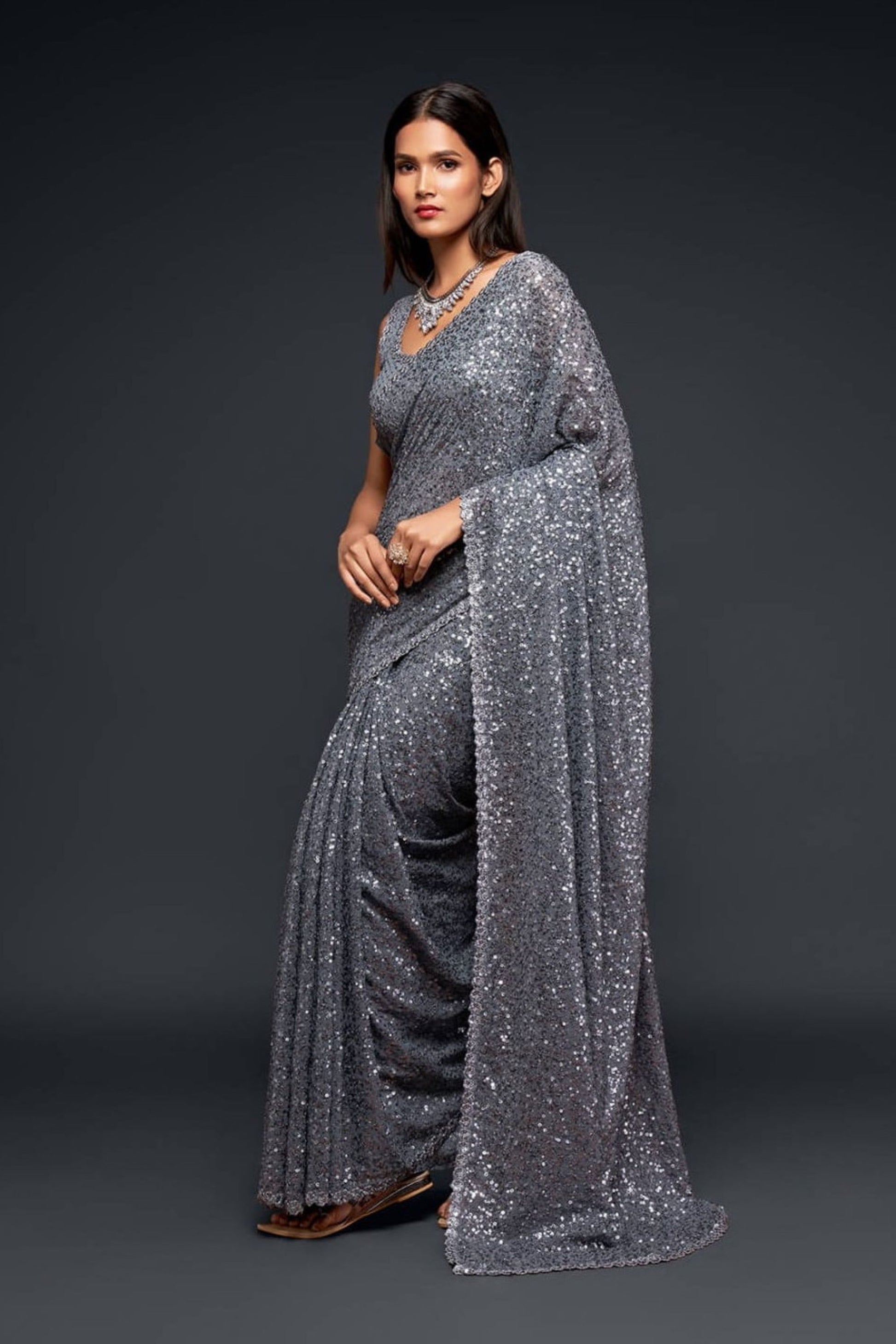 Premium Grey Sequin Party Wear Saree with Designer Blouse
