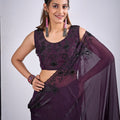 Wine Purple Organza Silk Saree Black Embroidered Blouse Designer Saree