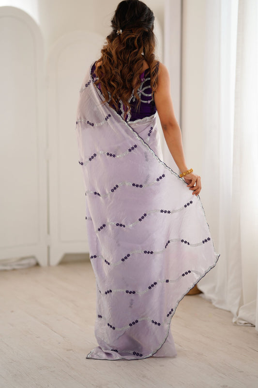 Lavender Tissue Silk Saree Purple Embroidered Sequin Designer Blouse