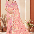Designer Dusty Pink Net Floral Embroidered Saree Heavy Border Blouse