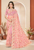 Designer Dusty Pink Net Floral Embroidered Saree Heavy Border Blouse