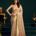  Beige Soft Silk Saree with Floral Embroidery Gold Zari Border