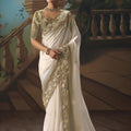 White Champagne Gold Embroidered Saree Zari Border Designer Saree