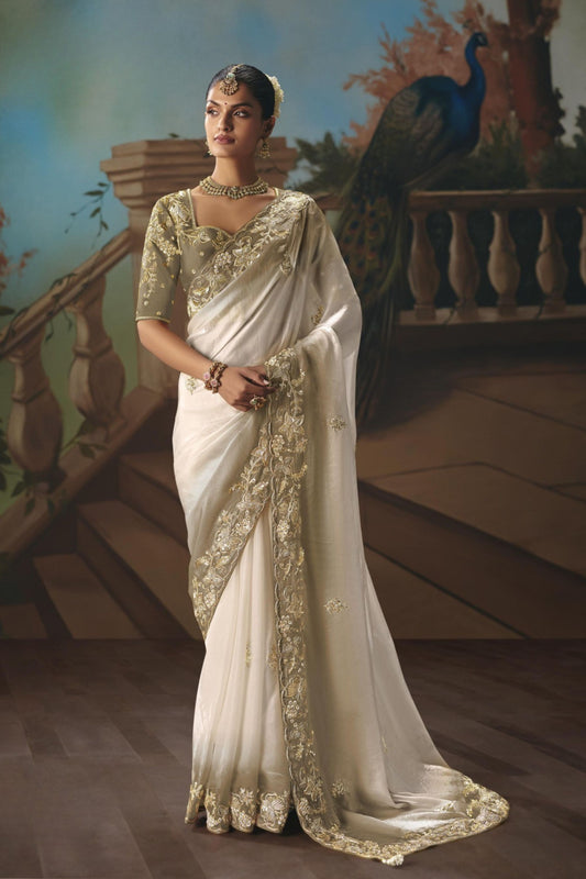 White Champagne Gold Embroidered Saree Zari Border Designer Saree