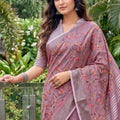 Mauve Pink Linen Cotton Saree Floral Embroidery Designer Tassel Pallu
