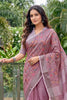Mauve Pink Linen Cotton Saree Floral Embroidery Designer Tassel Pallu