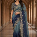 Teal Blue Ombre Organza Saree with Heavy Zari Embroidered Border